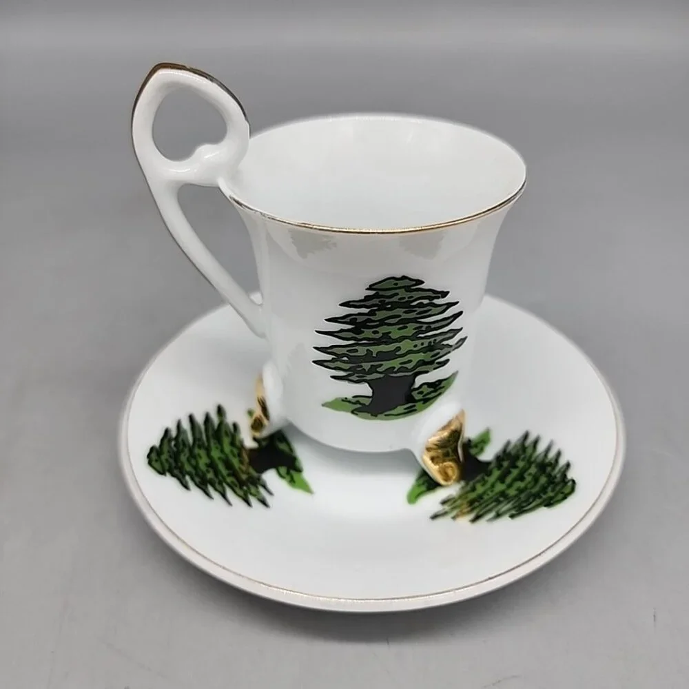 vintage Footed teacup and saucer set green Tree Made In Japan Gold Rim